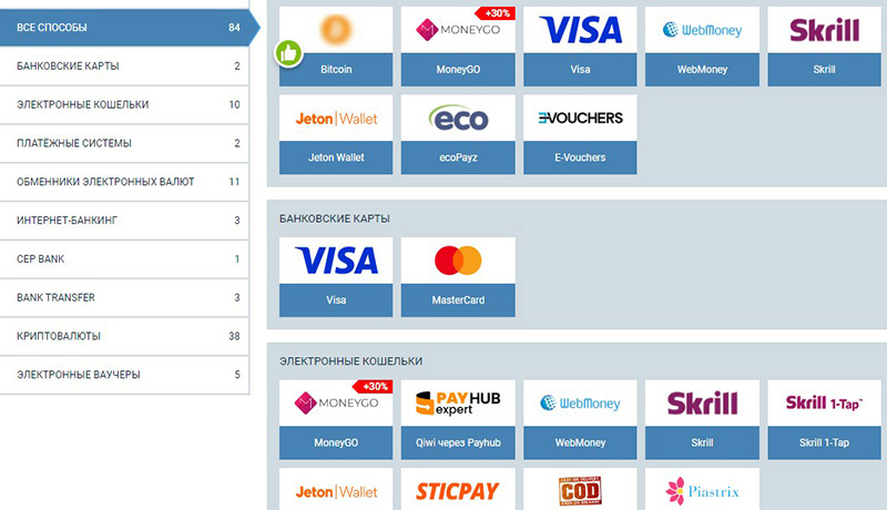 Вкладка для зачисления средств