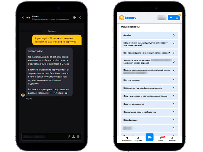 Лайв чат и FAQ